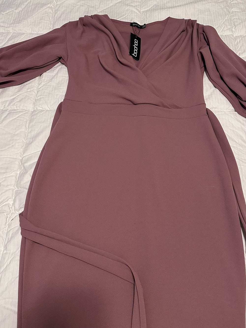 Boohoo Dusty Mauve Wrap-Style Long Sleeve Midi Dress